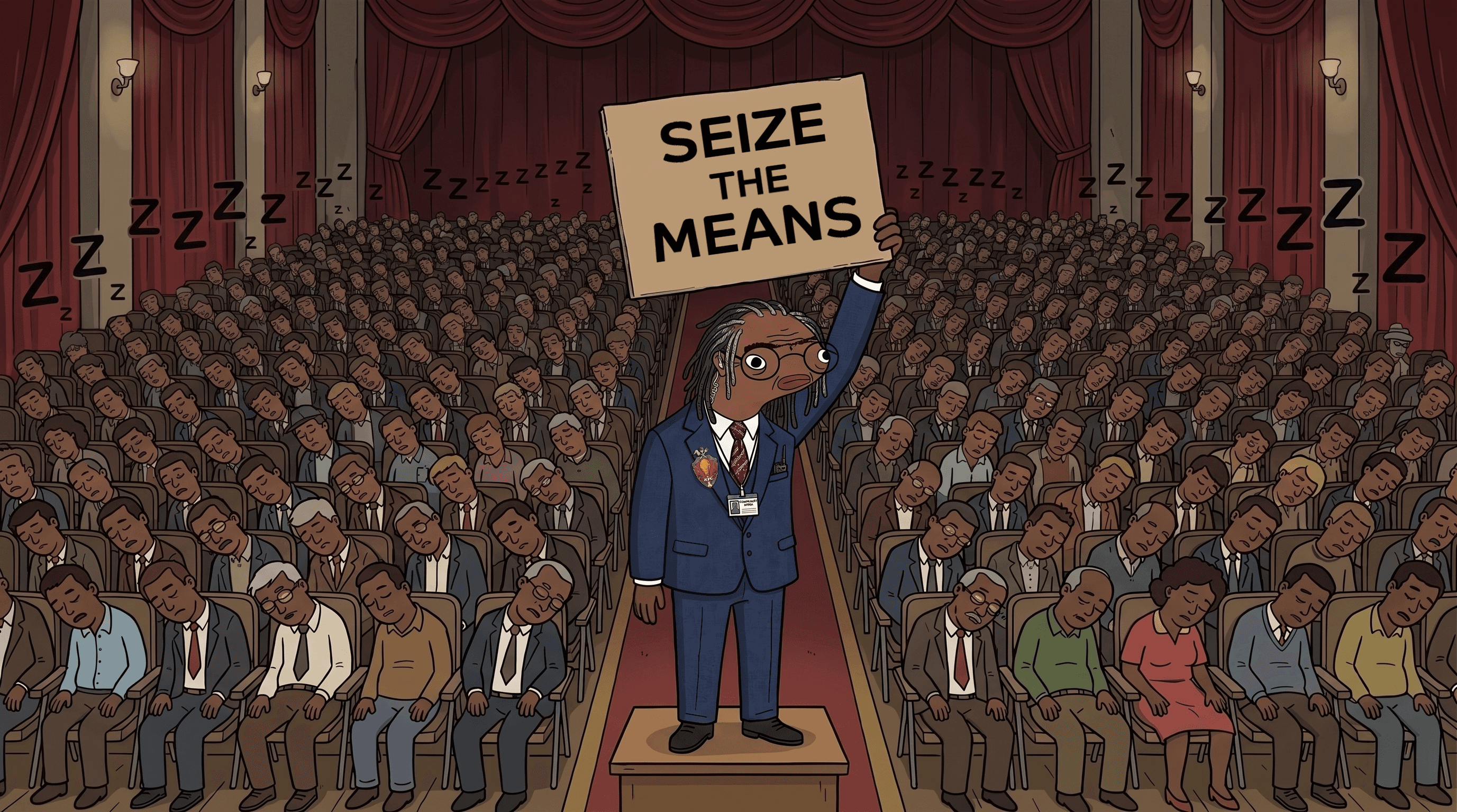 Barney on stage with the sleeping crowd